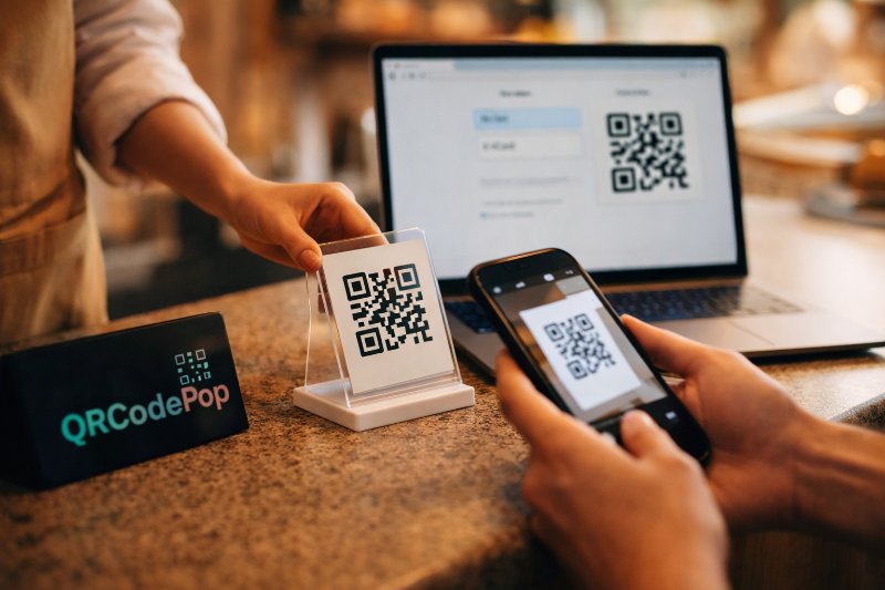 Customer scanning a printed QR code while laptop shows a free QR code generator interface for menu and contact sharing