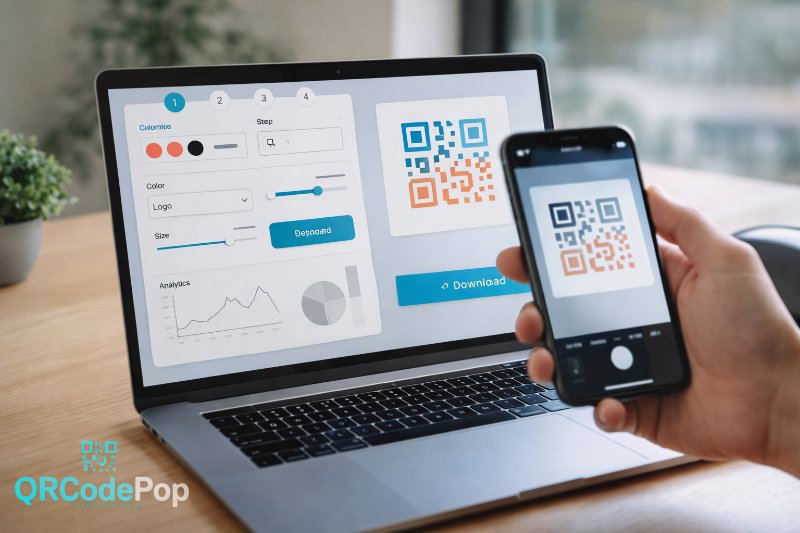 Laptop showing a QR code maker interface with customization options while a phone scans the preview QR code.
