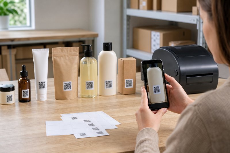 product QR code labels Paramus NJ on packaged products with a smartphone scanning one label