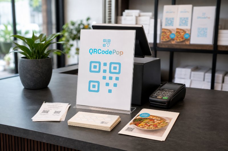 Small business QR codes Paramus on a counter with branded print materials and a prominent scan sign