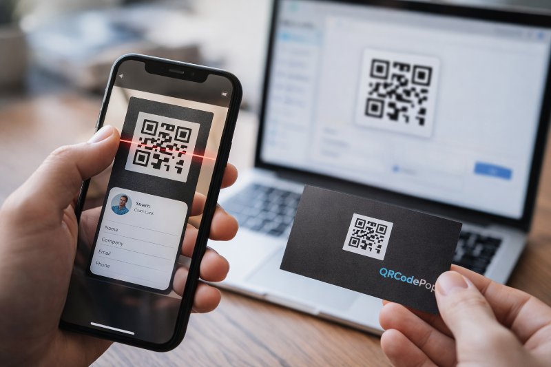 Smartphone scanning a QR code for business card showing contact preview with SaaS dashboard in background