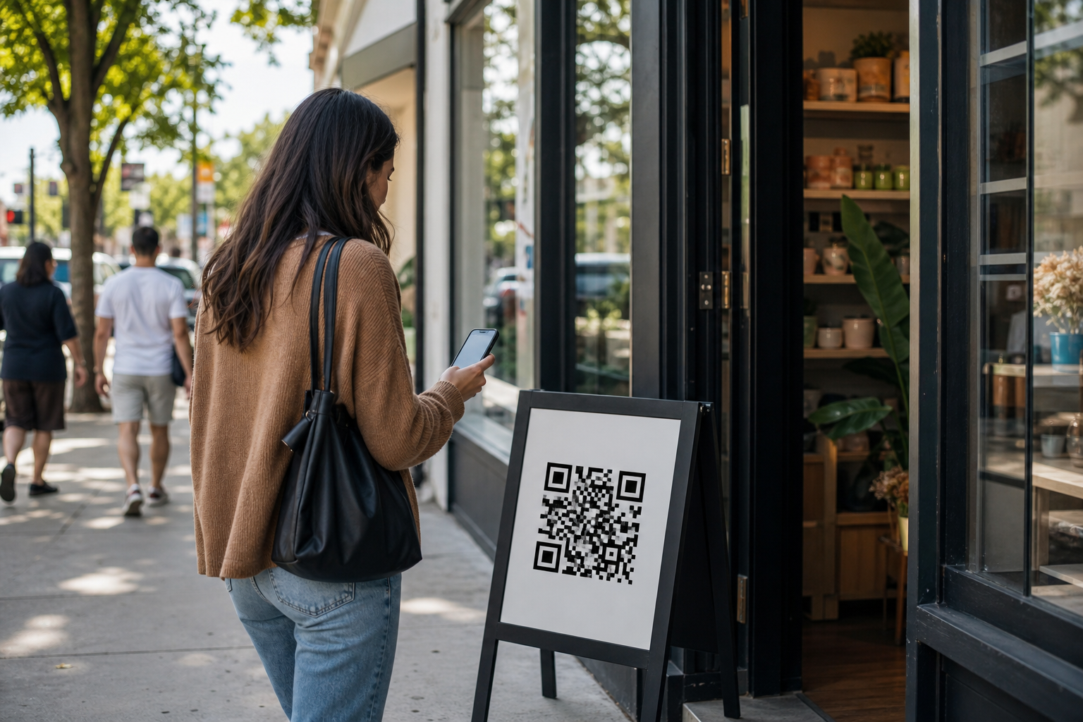 QR code marketing Paramus NJ sign attracting a passerby to scan before entering a local business