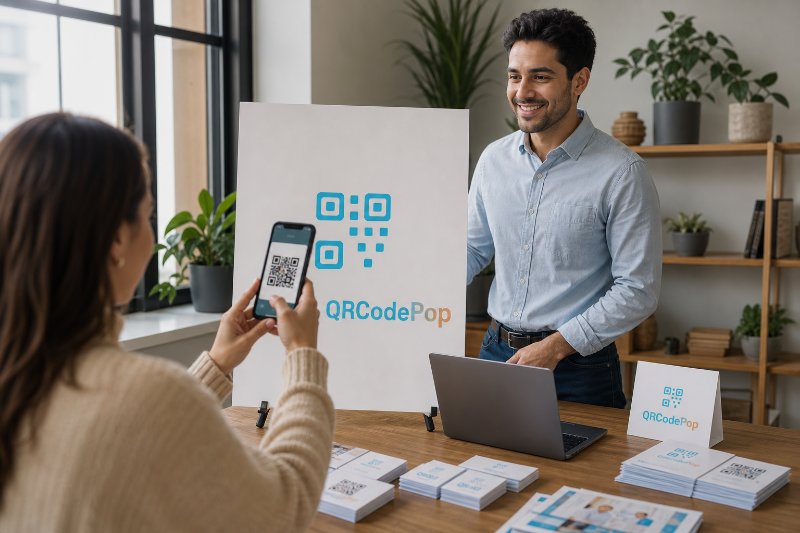 best QR code generator Paramus shown in a small business lead-capture setup with a customer scanning