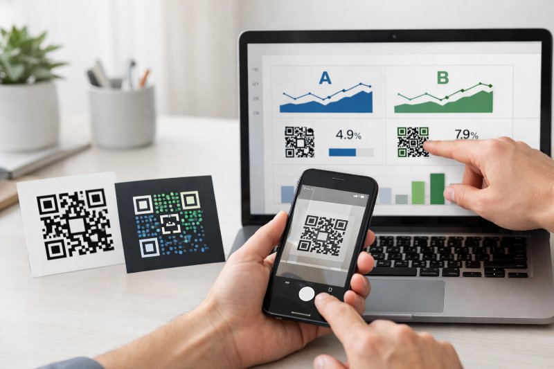 blog post header showing QR code A/B testing with smartphone scan and conversion analytics on laptop