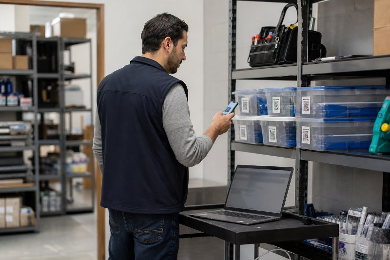 Inventory QR code system in a stockroom with QR-tagged bins and a live dashboard on a laptop
