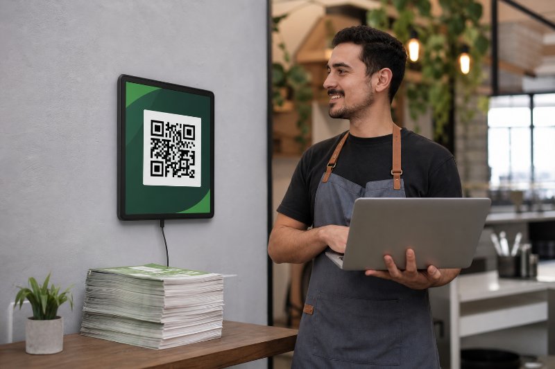 Editable QR codes Paramus NJ with a digital display and outdated flyers in a small-business interior