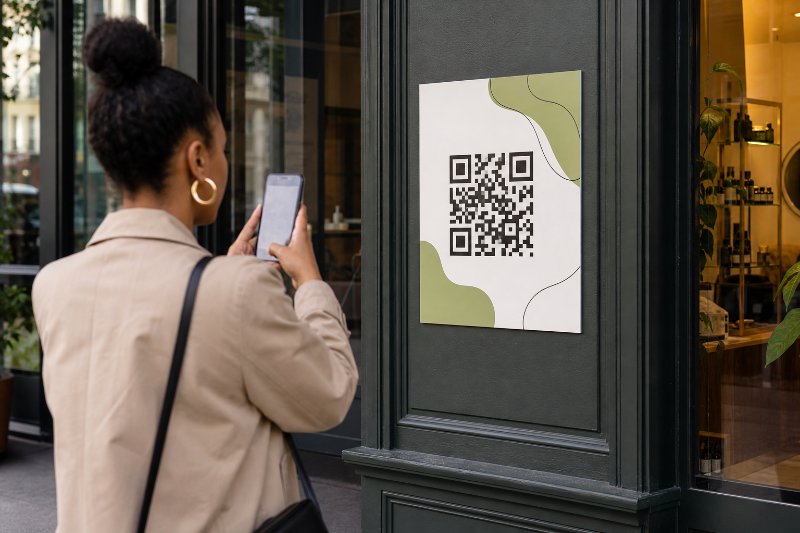 social media QR codes Paramus shown on a storefront window poster with a person scanning from outside