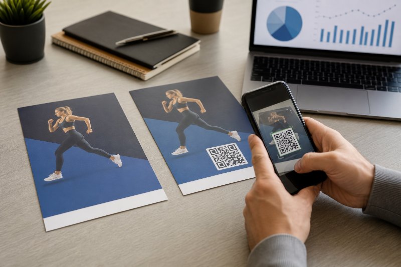 Trackable QR codes Paramus shown on a flyer beside a phone scan and analytics laptop